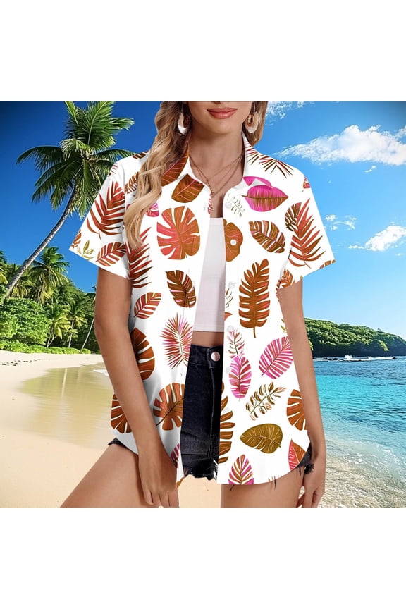 Hawaiian Shirts for Women Fashion Print Summer Tops Floral Tropic Print V Neck T-Shirt Short Sleeve Button Up Tops Soft Cool Beach Shirts Pink S Camisas Para Mujer