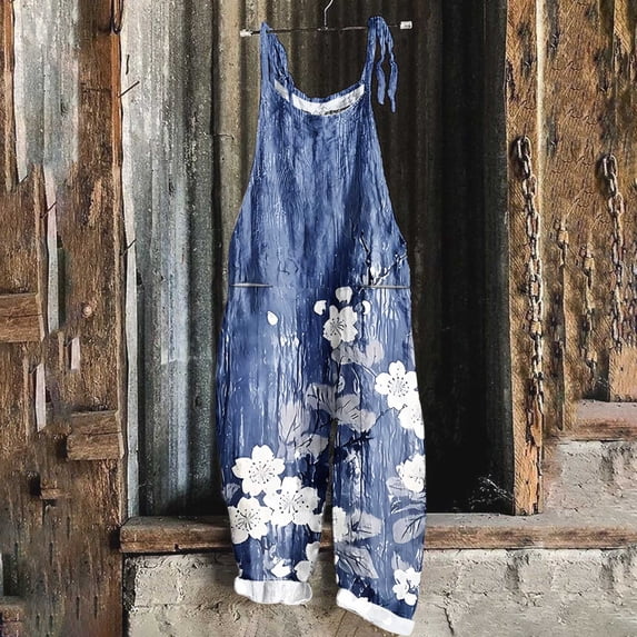 Gamivast Summer Linen Pants Women Plus Size Floral Boho Bib Cotton Linen Overalls Hippie Jumpsuits Print Spaghetti Strap Rompers Blue L Pantalones Capri Para Mujer