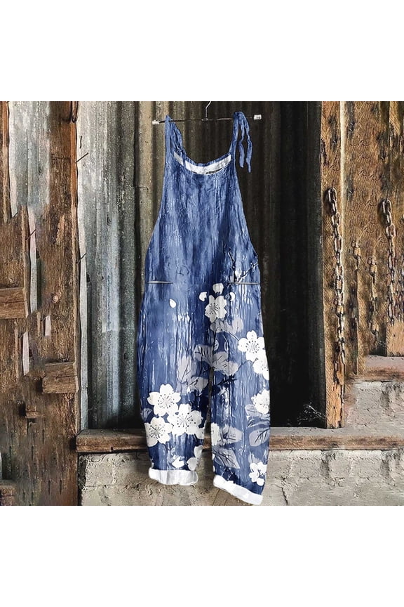 Summer Linen Pants Women Plus Size Floral Boho Bib Cotton Linen Overalls Hippie Jumpsuits Print Spaghetti Strap Rompers Blue XL Pantalones Capri Para Mujer