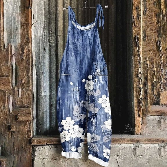 Gamivast Summer Linen Pants Women Plus Size Floral Boho Bib Cotton Linen Overalls Hippie Jumpsuits Print Spaghetti Strap Rompers Blue XXXXL Pantalones Capri Para Mujer