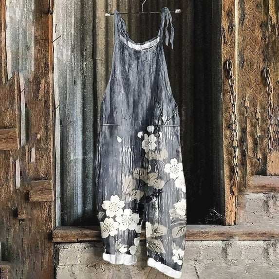 Gamivast Summer Linen Pants Women Plus Size Floral Boho Bib Cotton Linen Overalls Hippie Jumpsuits Print Spaghetti Strap Rompers Gray M Pantalones Capri Para Mujer