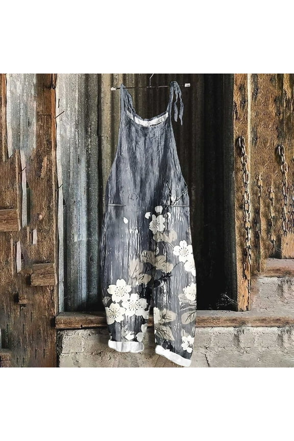Summer Linen Pants Women Plus Size Floral Boho Bib Cotton Linen Overalls Hippie Jumpsuits Print Spaghetti Strap Rompers Gray XXXXL Pantalones Capri Para Mujer