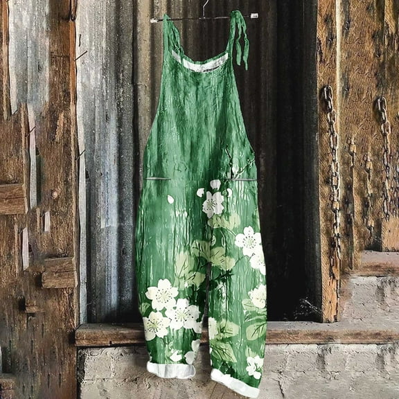 Gamivast Summer Linen Pants Women Plus Size Floral Boho Bib Cotton Linen Overalls Hippie Jumpsuits Print Spaghetti Strap Rompers Green S Pantalones Capri Para Mujer