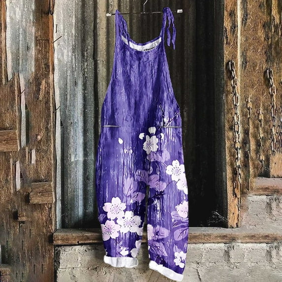 Gamivast Summer Linen Pants Women Plus Size Floral Boho Bib Cotton Linen Overalls Hippie Jumpsuits Print Spaghetti Strap Rompers Purple M Pantalones Capri Para Mujer