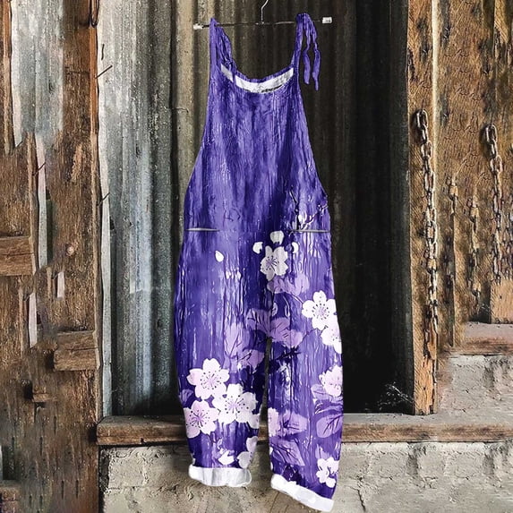 Gamivast Summer Linen Pants Women Plus Size Floral Boho Bib Cotton Linen Overalls Hippie Jumpsuits Print Spaghetti Strap Rompers Purple XL Pantalones Capri Para Mujer