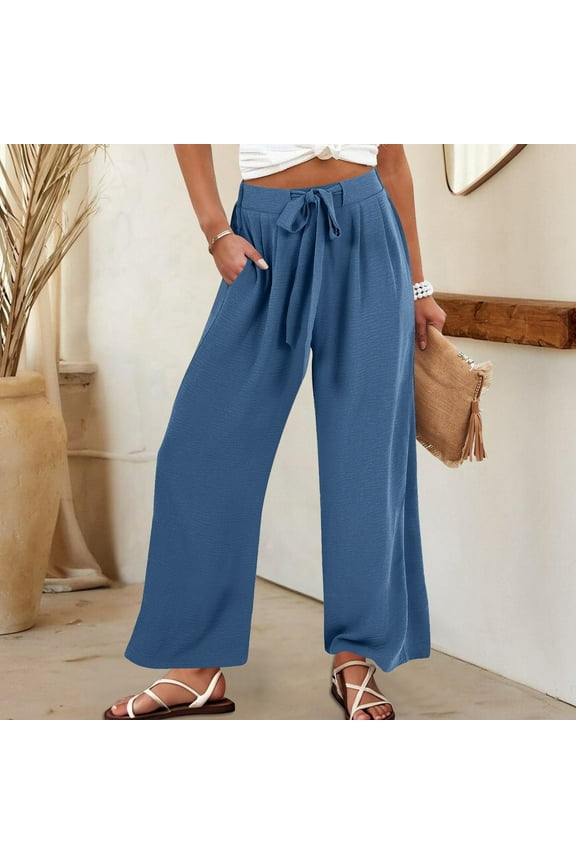 Women High Waist Wide Leg Long Pants Front Knot Tie Elastic Trousers with Pockets Lounge Business Work Pants Blue S Pantalones Capri Para Mujer