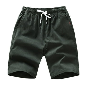 Flash Deals HOOMEUMY Men's Summer Shorts Cotton Linen Drawstring Elastic Waist Solid Color Bermuda Beach Shorts with Pockets Army Green 12