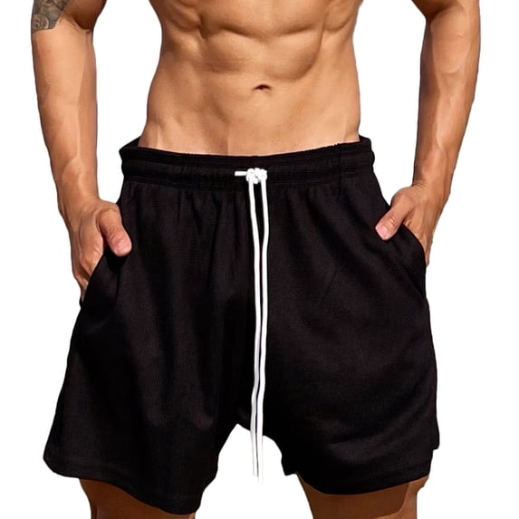 Flash Deals HOOMEUMY Men's Summer Shorts Drawstring Elastic Waist Solid Color Sports Beach Shorts with Pockets Black 8