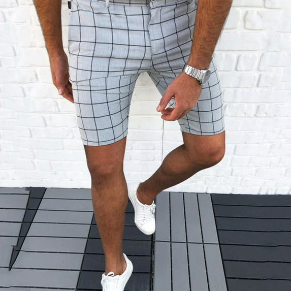 LoyisViDion Mens Pants Men Dress Pants Casual Plaid Flat-Front Skinny Business Pencil Shorts Pocket Gray 4(S)