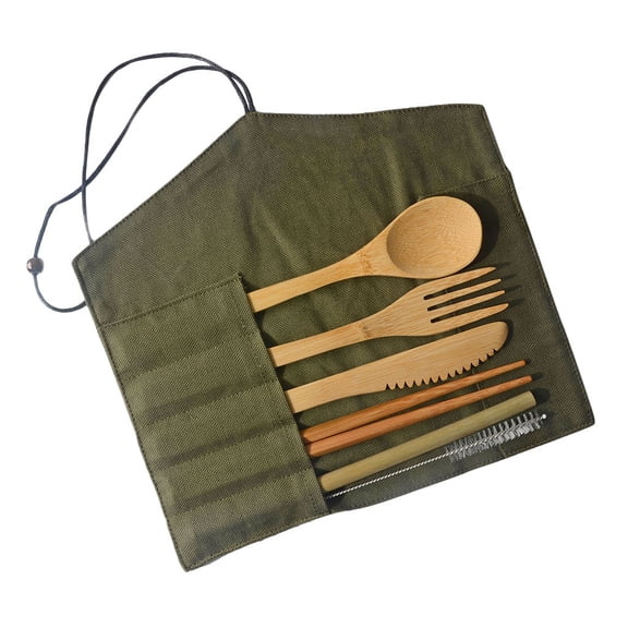 Huayishang Dinnerware Sets Portable Bamboo Cutlery Travel Eco-Friendly Fork Spoon Set, Kitchen Essentials Clearance Sale Army Green