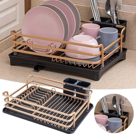 Huayishang Dish Drying Rack Aluminum Dish Drying Rack Counter Rustproof Dish Storage with Cutlery Holder Removable Drainer Tray Rose Gold, Kitchen Essentials Clearance Sale Gold