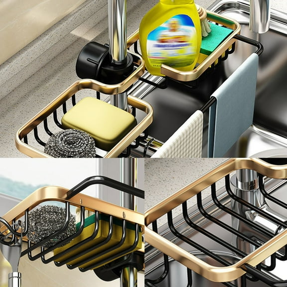 Huayishang Locker Shelf Kitchen Sink Faucet Holder Shelf Sponge Drain Hanger Household Sink Rag Soap Collection Rack, Kitchen Essentials Clearance Sale Gold