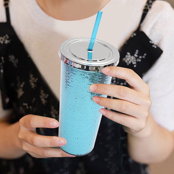 Huayishang Sippy Cups Double Layer Plastic Cup Sequins Straw Cup Creative Summer Cold Drink Water Cup, Kitchen Essentials Clearance Sale