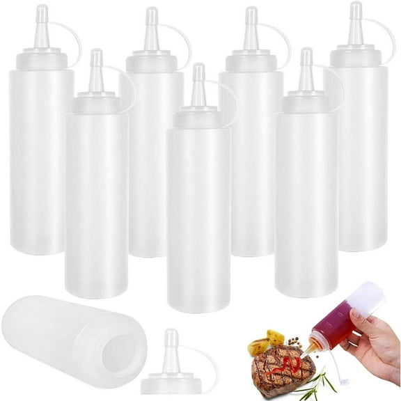 Huayishang Water Bottle 8 Pack 8 Oz Plastic Squirt Condiment Bottles with on Cap Lids Top Dispensers for Ketchup Hot Olive Oil Bulk Clear Bbq Set, Kitchen Essentials Clearance Sale
