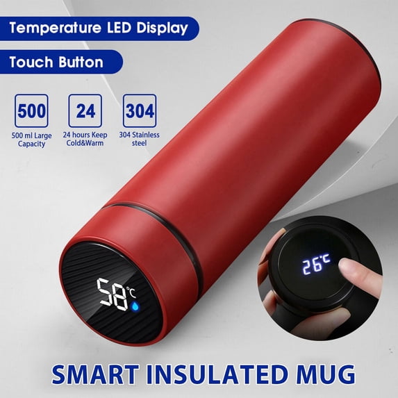 Huayishang Water Bottle Led Smart Touch Screen Thermos Cup, Smart Display Series, 304 Inner Material + 201 Outer Material, 1Pc, Red, 500Ml Color Box, Kitchen Essentials Clearance Sale