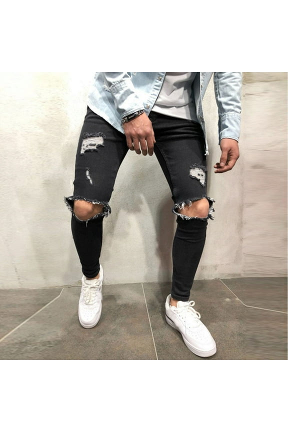 LoyisViDion Mens Pants Clearance Mens Skinny Stretch Denim Pants Distressed Ripped Freyed Slim Fit Jeans Trousers Black XL