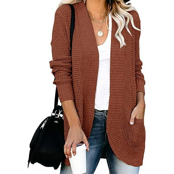 LoyisViDion Coat Women Casual Soild Long Sleeve Pocket Plush Long Knit Cardigan Sweater/Red 10(Xl)