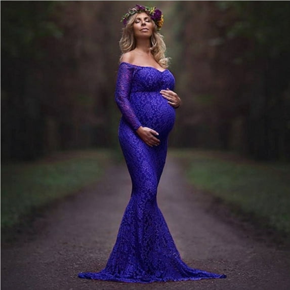 LoyisViDion Maxi Womens Maternity Dresses Ladies Fashion Sexy Mesh Lace Long Sleeve Photography Mopping Long Dress,Maternity/Blue Xl
