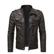 HWRETIE Mens Leather Plus Fleece Motorcycle Jacket Warm Winter Leather Coat Casual Outwear Stylish Protective Outerwear