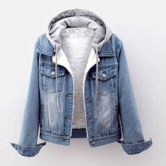 LoyisViDion Coat Women Plus Velvet Long-Sleeve Slim-Fit Hooded Jacket Denim Blouse Coat Light blue 6(M)
