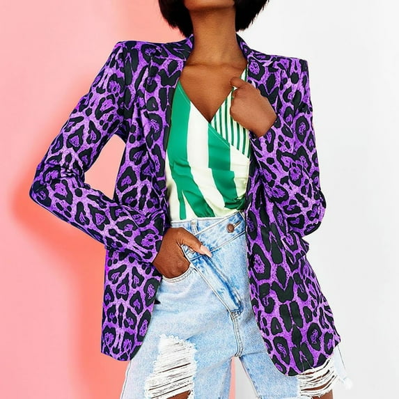 LoyisViDion Coat Women Casual Long Sleeve Leopard Printing Turndown Collar Coat Purple 6(M)