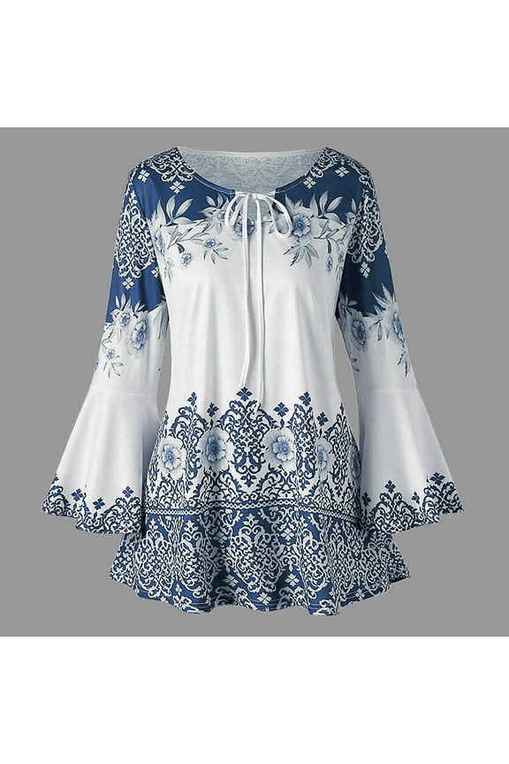 Lulshou Printed Bell-Sleeve Button-Front Shirt - Fashion Womens Plus Size Printed Flare Sleeve Tops Blouses Keyhole T- Basic Round Neck T-Shirt
