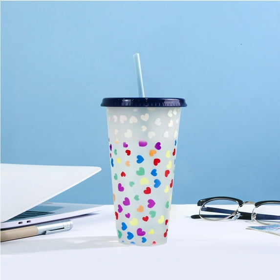 Flash Deals! Nomeni Kitchen Cups Creative Water Cup Love Cup Pp Plastic Straw Cup Love Plastic Transparent Straw Cup 710Ml Cold Temperature Sensitive Plastic Cup G, 1Pc Cup