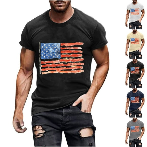 PXLKNZH USA 4th of July Shirts for Men American Flag Short Sleeve Tops Patriotic Independence Day Casual Crewneck T-Shirts,White,L