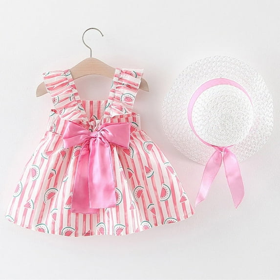 Rydcot Ruffled Strawberry Print Dress - Toddler Baby Kids Girls Floral Ruched Bow Watermelon Princess Dress Clothes Hat Straw Sun Hat Outdoor