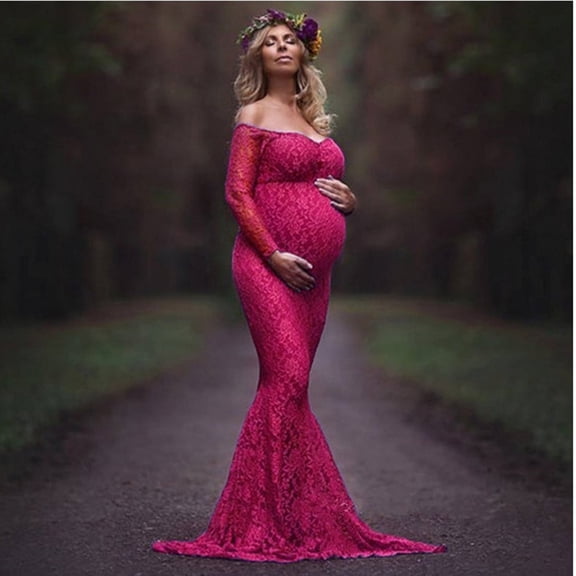 HWRETIE Maxi Dresses Womens Maternity Dresses Ladies Fashion Sexy Mesh Lace Long Sleeve Photography Mopping Long Dress,Maternity/Red Xl