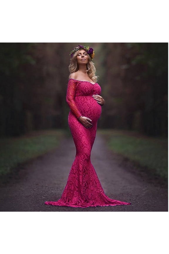 HWRETIE Maxi Dresses Womens Maternity Dresses Ladies Fashion Sexy Mesh Lace Long Sleeve Photography Mopping Long Dress,Maternity/Red Xl