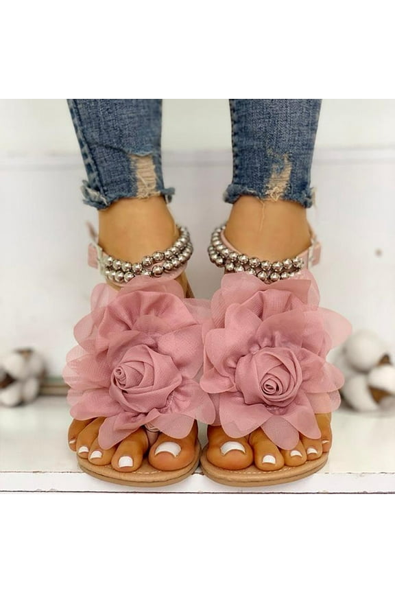 RYDCOT Womens Sandals Summer Women Flat String Bead Sandals Bohemian Style Flower Buckle Strap Shoes/Pink 9(41)