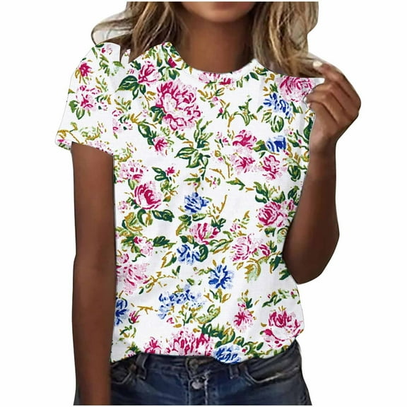 Summer Boho Tops Womens Cute Floral Printed Tunic Blouses Crewneck Causal Short Sleeve Shirts Relaxed Fit Plus Size Tees Dressy Casual Ladies Tunics Tops Going Out Outfits