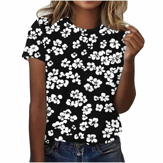 Summer Boho Tops Womens Cute Floral Printed Tunic Blouses Crewneck Causal Short Sleeve Shirts Relaxed Fit Plus Size Tees Dressy Casual Ladies Tunics Tops Going Out Outfits