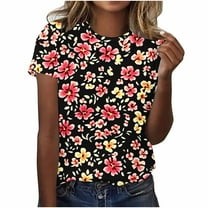 Summer Boho Tops Womens Cute Floral Printed Tunic Blouses Crewneck Causal Short Sleeve Shirts Relaxed Fit Plus Size Tees Dressy Casual Ladies Tunics Tops Going Out Outfits