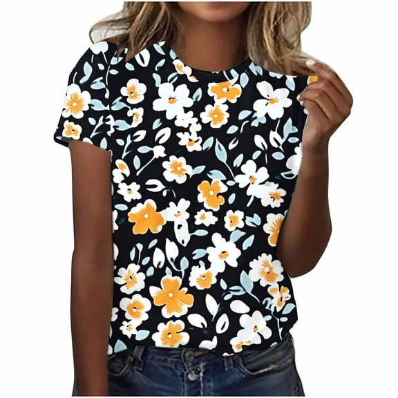 Summer Boho Tops Womens Cute Floral Printed Tunic Blouses Crewneck Causal Short Sleeve Shirts Relaxed Fit Plus Size Tees Dressy Casual Ladies Tunics Tops Going Out Outfits
