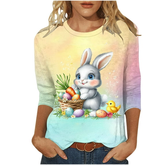 Flash Deals Womens Easter Shirts 3/4 Sleeve Crewneck Cute Shirts Graphic Print Tunic Tops Happy Easter Day T-Shirts Holiday Beach Party Blouses 2025