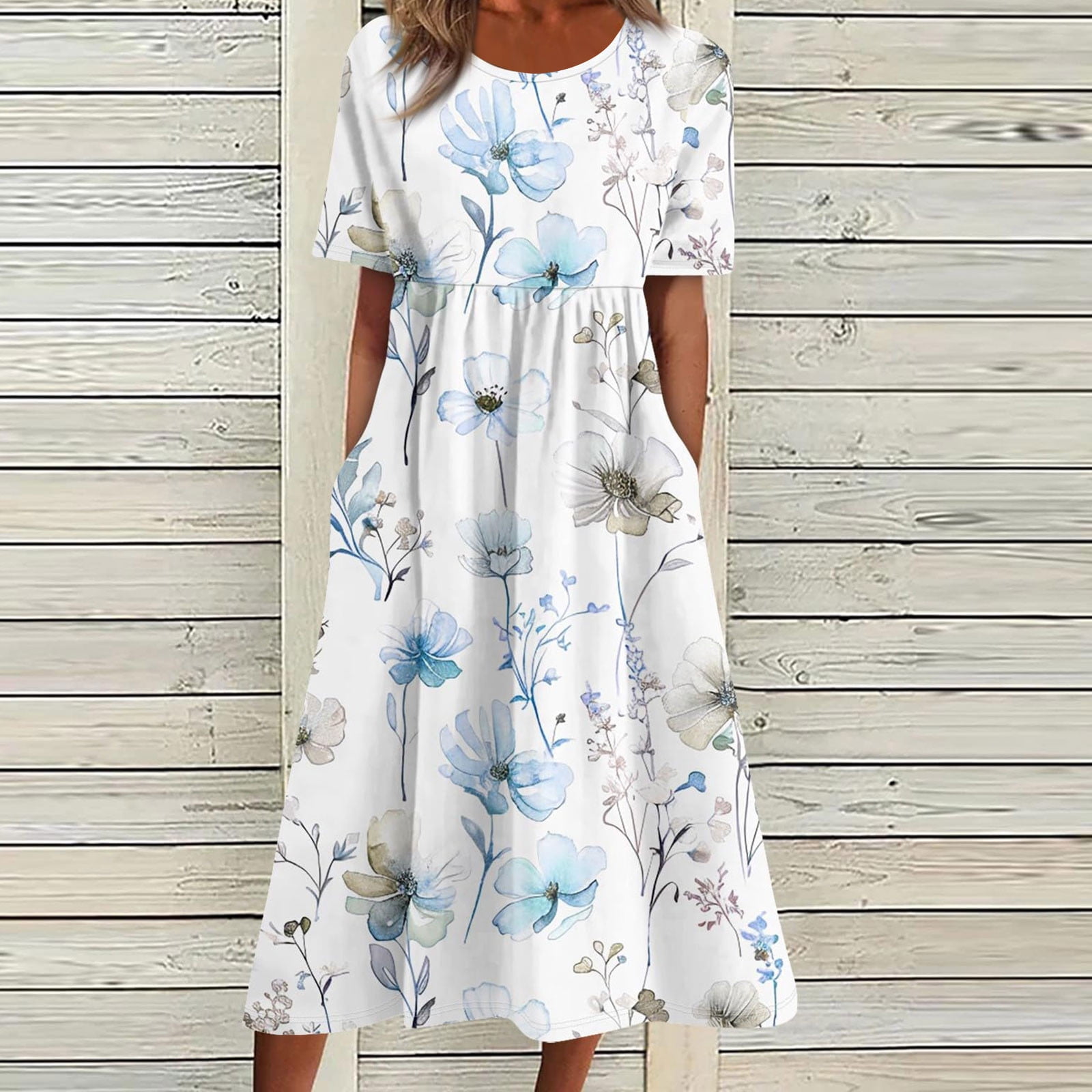 Women's Summer Maxi Dress - Casual Loose Fit With Side Split & Pockets, Short Sleeve Crewneck Beach Vacation Dress - View #2