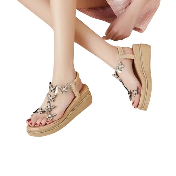 Xunlbb Clearance, Flower Diamond Sandals Elastic Sloping Heels Thick Soles Casual Transparent Roman Women's Shoes