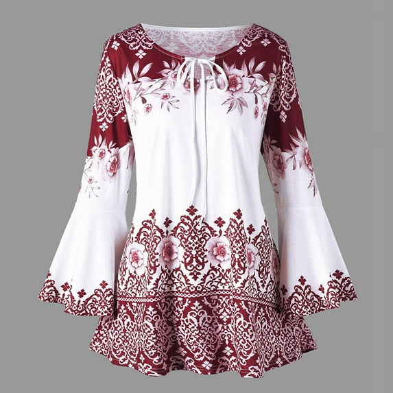 YODETEY Floral Bell-Sleeve Blouse with Lace-Up Detail - Fashion Womens Plus Size Printed Flare Sleeve Tops Blouses Keyhole T-Shirts