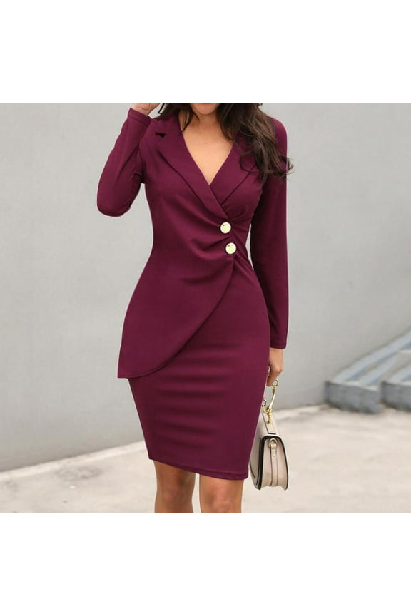Women Solid Turn Down Neck Long Sleeve Casual Work Formal Dress,Comfortable Office Wear