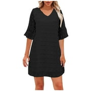 pstuiky Summer Somens Solid Color V-Neck Chiffon Polka Short-Sleeved V-Neck Dress