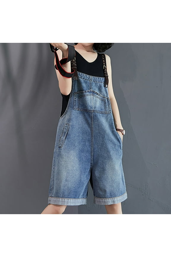 Women's Denim Jumpsuit Double Pocket Loose Casual Jumpsuit Shorts Strap Pants
