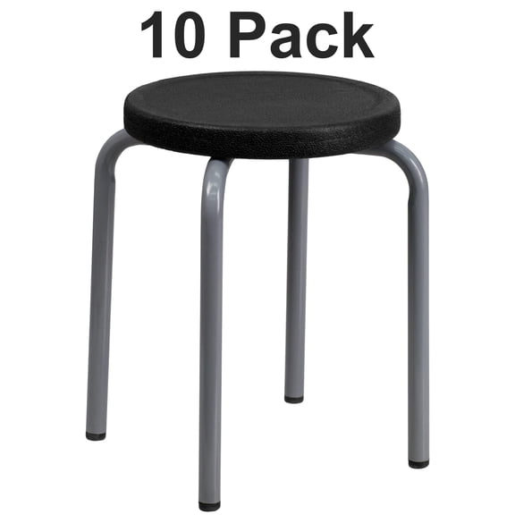 Flash Furniture Remington 10 Pack Stackable Stool with Black Seat and Silver Powder Coated Frame