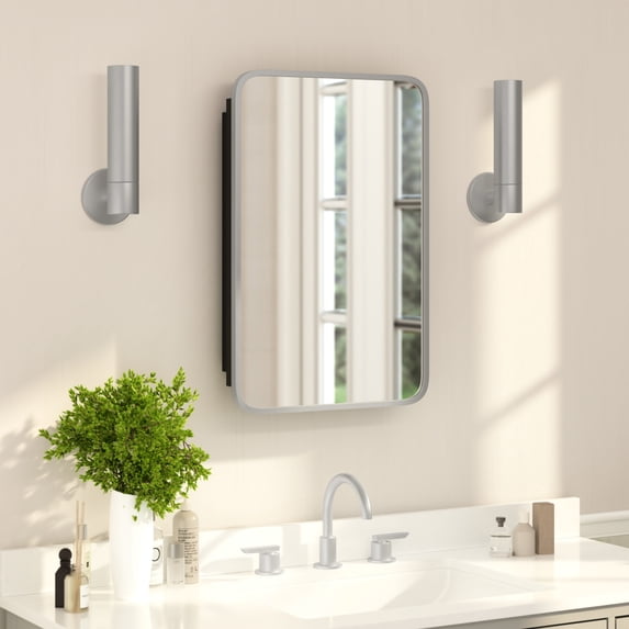 Flash Furniture 16" x 24" Recessed Bathroom Medicine Cabinet with Rounded Beveled Mirror and Reversible Metal Frame in Silver
