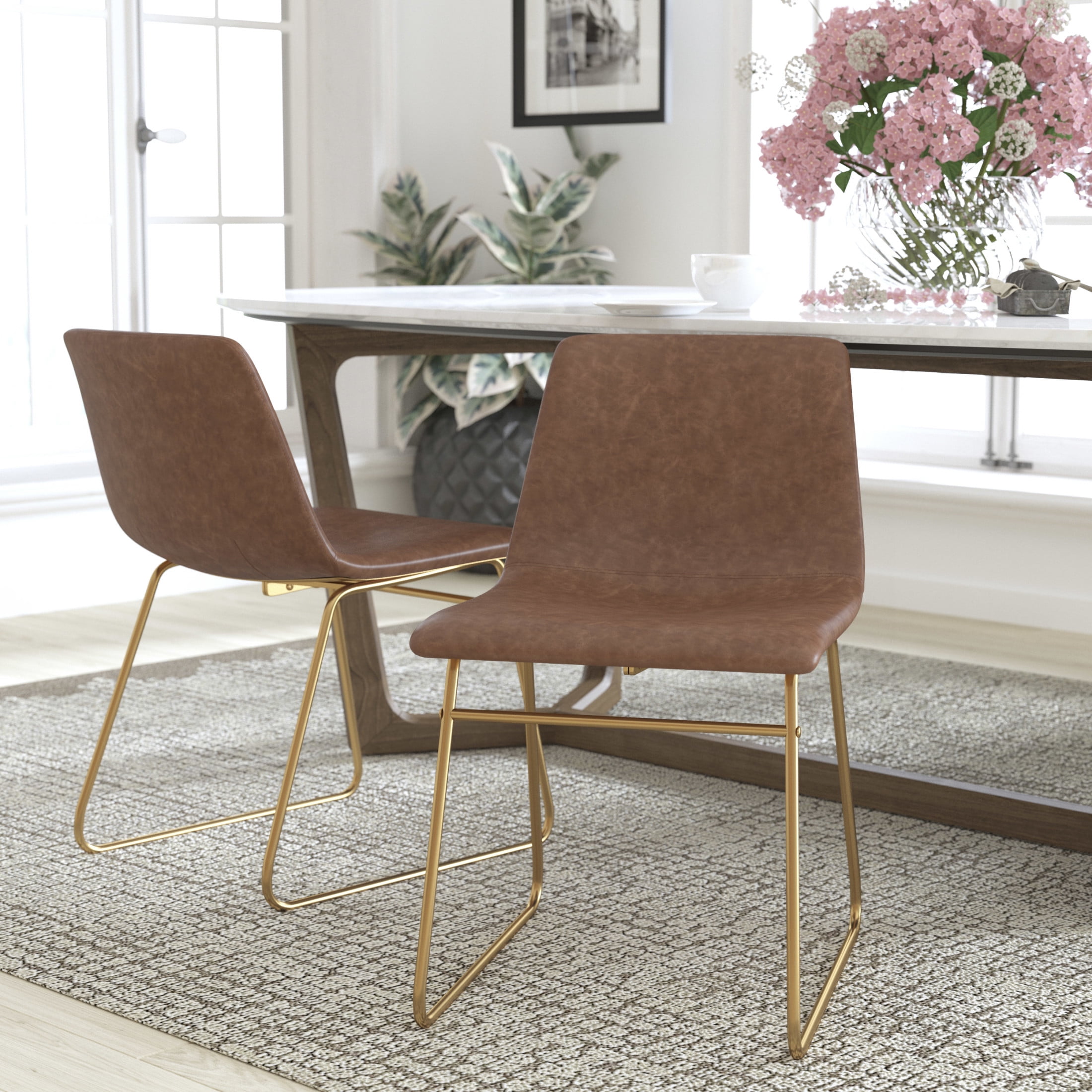 Light Brown LeatherSoft Bucket Dining Chairs with Gold Sled Base, Set of 2