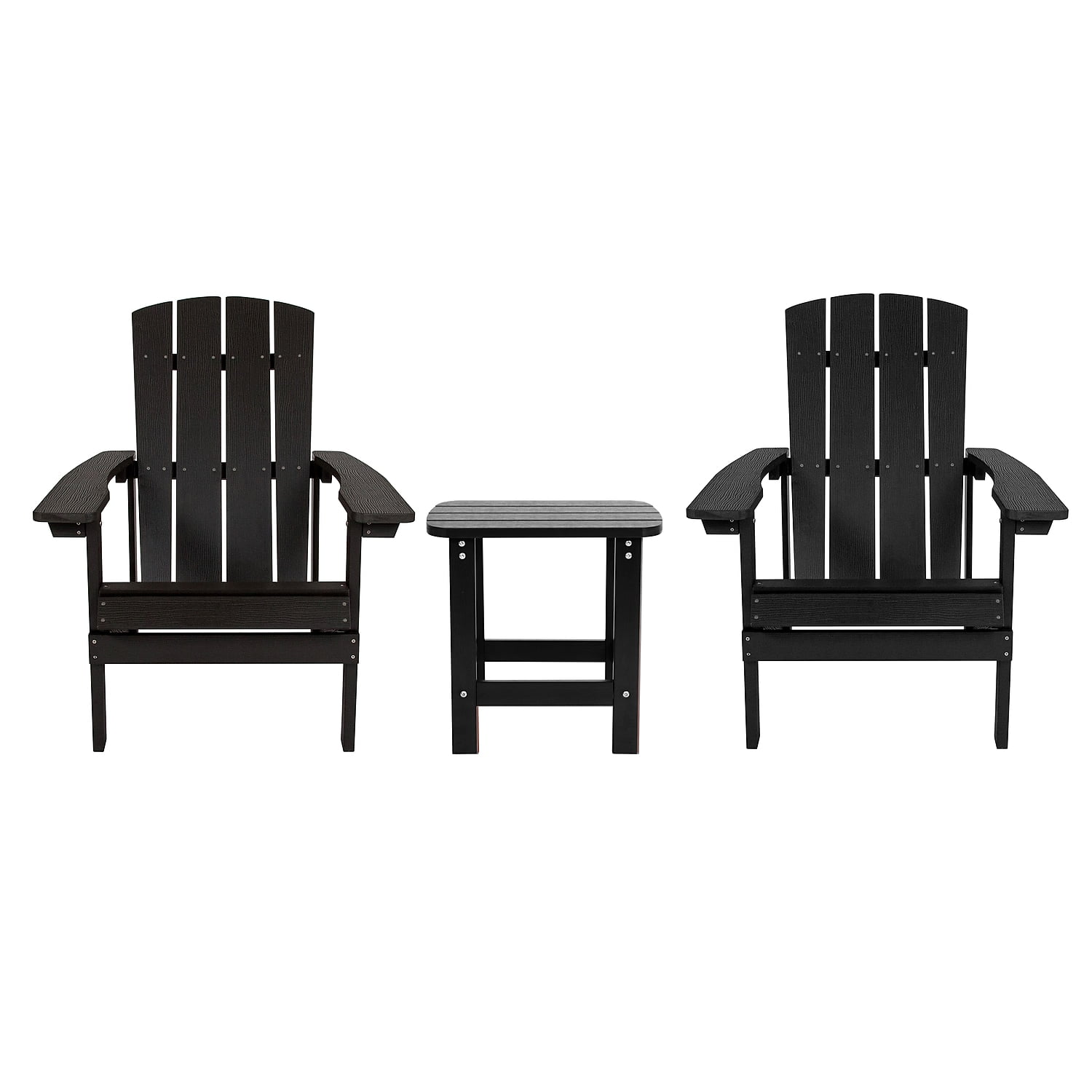 Flash Furniture 2 Pack Charlestown All-Weather Poly Resin Wood Adirondack Chairs with Side Table in Black