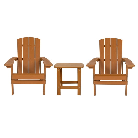 Flash Furniture 2 Pack Charlestown All-Weather Poly Resin Wood Adirondack Chairs with Side Table in Teak