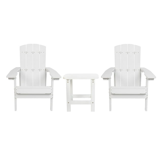 Flash Furniture 2 Pack Charlestown All-Weather Poly Resin Wood Adirondack Chairs with Side Table in White