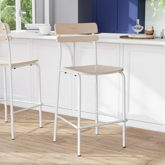 Flash Furniture Cyprus Contemporary Steel/Wood Slat Back Barstool Antique White 2-Pieces/Pack